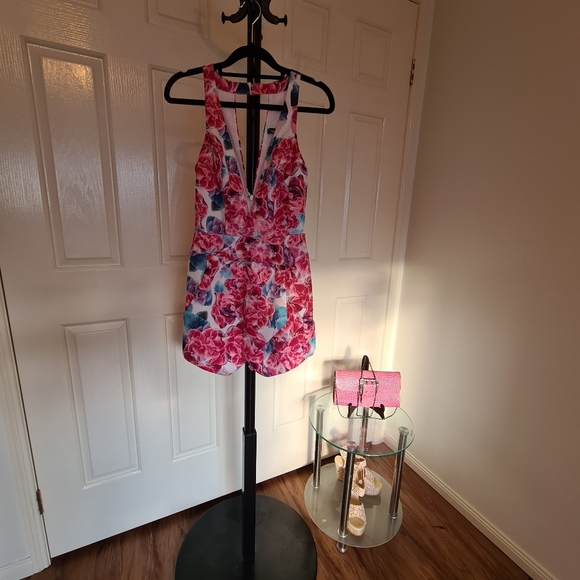 KNIGHT ANGEL 6 Pink Floral V Neck Sleeveless with Pockets Maxi Midi Romper Dress - Picture 2 of 16